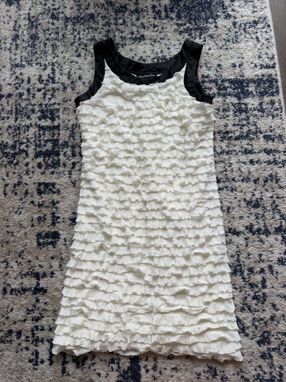 White Ruffle Mini Dress with Black Trim